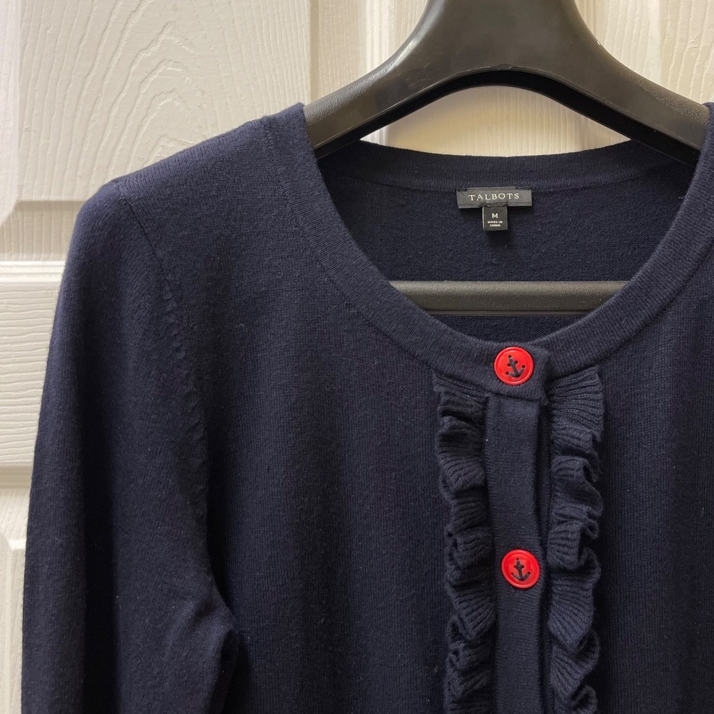 Talbots Women's‎ Medium Navy Ruffle Front Cardigan Sweater Achor Buttons Pockets